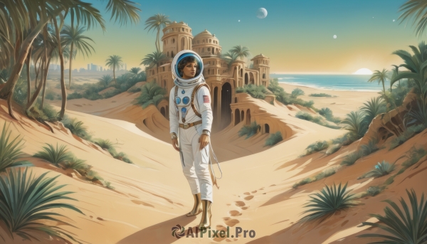 1girl,solo,brown hair,1boy,boots,outdoors,sky,dark skin,water,tree,shadow,ocean,beach,brown footwear,moon,helmet,plant,star (sky),scenery,walking,science fiction,sand,palm tree,sun,planet,ambiguous gender,spacecraft,spacesuit,desert,footprints,space helmet,astronaut,gloves,male focus,realistic,castle,earth (planet)