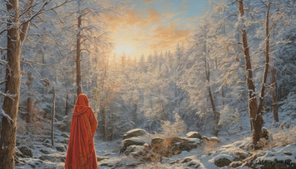 solo,1boy,standing,weapon,male focus,outdoors,sky,cloud,hood,from behind,cape,tree,nature,scenery,cloak,snow,hood up,forest,sunset,rock,mountain,facing away,winter,hooded cloak,bare tree,orange sky,red cloak,1other,snowing,red cape,wide shot,landscape,ambiguous gender,red hood