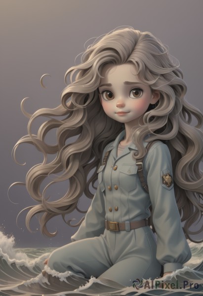 1girl,solo,long hair,looking at viewer,blush,smile,brown hair,shirt,long sleeves,brown eyes,sitting,very long hair,closed mouth,belt,pants,grey background,water,uniform,lips,military,military uniform,buttons,ocean,wavy hair,light brown hair,thick eyebrows,curly hair,pocket,brown belt,breast pocket,waves,breasts,simple background,collarbone,artist name,floating hair,watermark,denim,wind,forehead,buckle,partially submerged,freckles,belt buckle,emblem