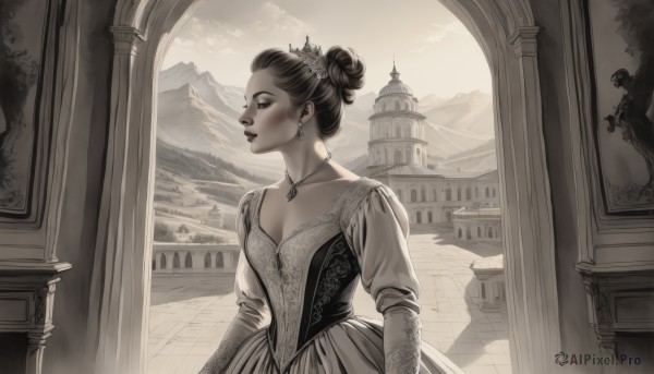 1girl,solo,breasts,black hair,hair ornament,long sleeves,dress,cleavage,jewelry,collarbone,monochrome,upper body,earrings,small breasts,outdoors,parted lips,sky,day,puffy sleeves,cloud,indoors,necklace,hair bun,white dress,lips,makeup,shadow,looking away,single hair bun,tiara,crown,lipstick,juliet sleeves,building,scenery,spot color,mountain,red lips,architecture,pillar,castle,statue,painting (object),updo,princess,church,arch,column,grey theme,gloves,medium breasts,profile,sunlight,realistic,hair up,muted color