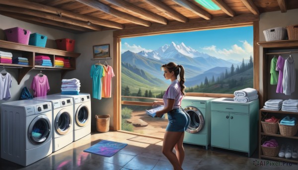 1girl,solo,long hair,breasts,skirt,brown hair,shirt,black hair,holding,brown eyes,medium breasts,standing,white shirt,ponytail,ass,short sleeves,outdoors,sky,shorts,day,midriff,cloud,indoors,dark skin,from side,dark-skinned female,blue sky,crop top,profile,denim,towel,scenery,pink shirt,mountain,basket,tiles,tile floor,mountainous horizon,laundry,washing machine,cloth,thighs,striped,artist name,tree,lips,short shorts,window,feet out of frame,reflection,blue shorts,denim shorts,striped shirt,paper,purple shirt