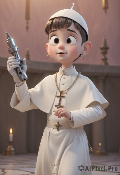 1girl,solo,looking at viewer,short hair,brown hair,black hair,gloves,long sleeves,hat,holding,brown eyes,jewelry,standing,male focus,earrings,parted lips,indoors,white gloves,necklace,blurry,black eyes,capelet,blurry background,white headwear,cross,child,robe,nun,candle,male child,cross necklace,syringe,church,candlestand,holding syringe,priest,smile,open mouth,1boy,cross earrings,white robe