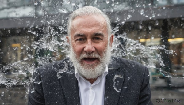 solo,looking at viewer,open mouth,shirt,1boy,jacket,white shirt,upper body,white hair,male focus,outdoors,collared shirt,water,blurry,black jacket,blurry background,facial hair,formal,suit,beard,snow,meme,ice,snowing,realistic,mustache,manly,old,splashing,old man,photo background,wrinkled skin,smile,black eyes,lips,grey eyes,dress shirt,depth of field,scar,ground vehicle,motor vehicle,scar on face,water drop,car,black suit