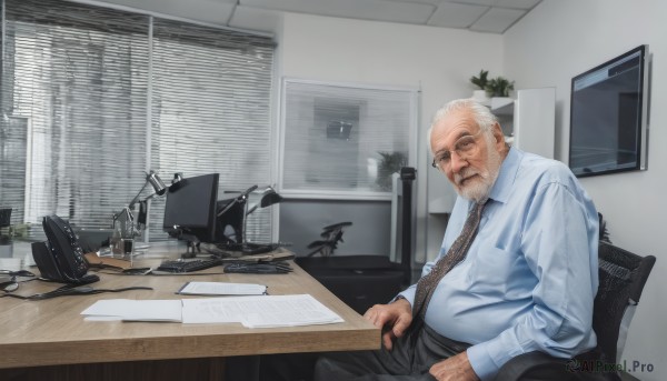 solo,shirt,long sleeves,1boy,sitting,white shirt,white hair,male focus,necktie,glasses,collared shirt,pants,indoors,window,dress shirt,facial hair,chair,black pants,table,plant,curtains,microphone,black necktie,beard,desk,paper,realistic,round eyewear,mustache,lamp,computer,old,monitor,old man,laptop,keyboard (computer),office chair,mouse (computer),blinds,office,wrinkled skin,corded phone,looking at viewer,pen,potted plant