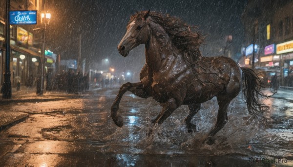 outdoors,sky,water,wet,no humans,night,animal,ground vehicle,building,night sky,scenery,motor vehicle,rain,city,sign,realistic,car,road,riding,lamppost,horse,street,puddle,crosswalk,from side,1other,water drop,dark,city lights,neon lights