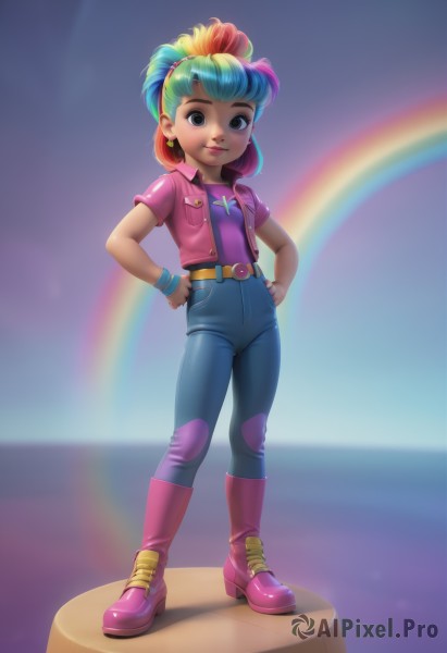 1girl,solo,looking at viewer,smile,short hair,bangs,shirt,jewelry,closed mouth,blue hair,standing,jacket,full body,ponytail,pink hair,short sleeves,red hair,multicolored hair,earrings,boots,green hair,open clothes,belt,pants,artist name,signature,star (symbol),blurry,black eyes,flat chest,two-tone hair,open jacket,lips,grey eyes,aqua hair,makeup,buttons,depth of field,blurry background,watermark,knee boots,high ponytail,denim,lipstick,wristband,child,web address,buckle,cropped jacket,pocket,pink shirt,hands on hips,jeans,belt buckle,pink lips,pink footwear,purple shirt,female child,shirt tucked in,breast pocket,pink jacket,purple footwear,rainbow,high-waist pants,rainbow hair,brown eyes,necklace,bracelet