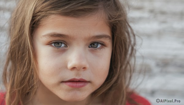 1girl,solo,long hair,looking at viewer,brown hair,brown eyes,parted lips,blurry,lips,grey eyes,depth of field,blurry background,portrait,close-up,realistic,nose,blonde hair,closed mouth,eyelashes,expressionless