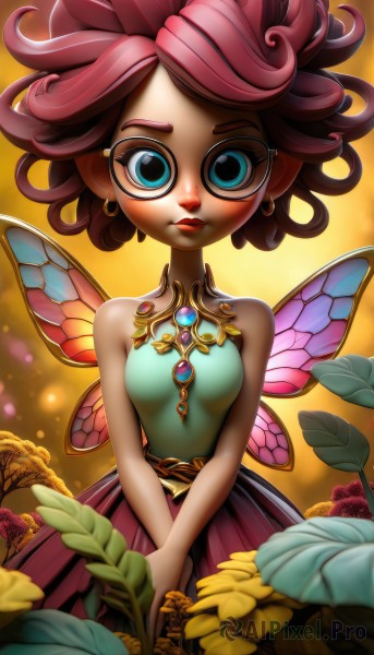 1girl,solo,breasts,looking at viewer,blush,short hair,bangs,blue eyes,skirt,dress,bare shoulders,jewelry,closed mouth,pink hair,flower,cowboy shot,earrings,small breasts,wings,sleeveless,pointy ears,artist name,necklace,blurry,lips,bare arms,eyelashes,sleeveless shirt,makeup,depth of field,leaf,own hands together,plant,lipstick,brooch,gem,yellow background,eyeshadow,backlighting,curly hair,v arms,wide-eyed,round eyewear,fairy wings,red lips,fairy,butterfly wings,red hair