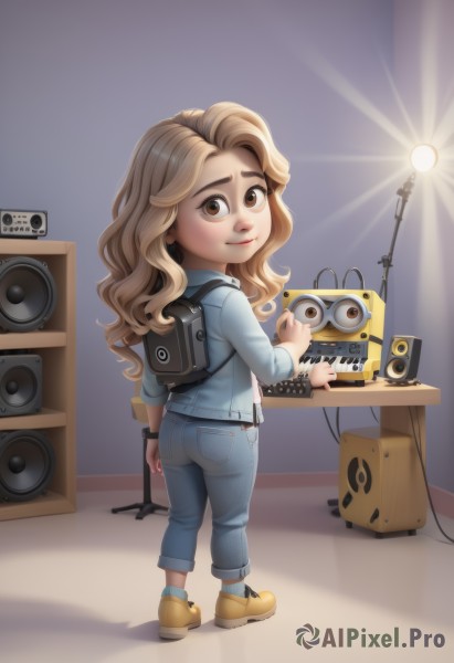 1girl,solo,long hair,looking at viewer,smile,blonde hair,brown hair,long sleeves,brown eyes,closed mouth,standing,jacket,full body,ass,shoes,looking back,pants,artist name,bag,from behind,wavy hair,backpack,denim,instrument,child,jeans,female child,cable,speaker,keyboard (instrument),amplifier,socks,lips,thick eyebrows,aged down,guitar,yellow footwear