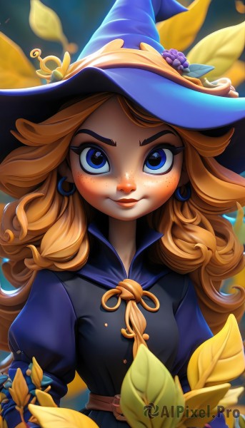 1girl,solo,long hair,breasts,looking at viewer,smile,bangs,blue eyes,blonde hair,long sleeves,hat,dress,jewelry,closed mouth,upper body,flower,earrings,food,puffy sleeves,belt,artist name,orange hair,black dress,lips,eyelashes,makeup,witch hat,fruit,blue dress,leaf,thick eyebrows,crescent,buckle,blue headwear,freckles,hat ornament,curly hair,witch,grapes,juliet sleeves,yellow flower,nose