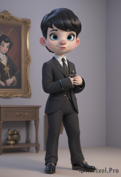 solo,looking at viewer,smile,short hair,bangs,blue eyes,shirt,black hair,long sleeves,1boy,closed mouth,standing,jacket,full body,white shirt,male focus,necktie,shoes,collared shirt,pants,indoors,black footwear,black eyes,black jacket,black pants,formal,own hands together,suit,child,black necktie,mirror,teapot,male child,painting (object),weapon,gun,table,tuxedo,reference inset