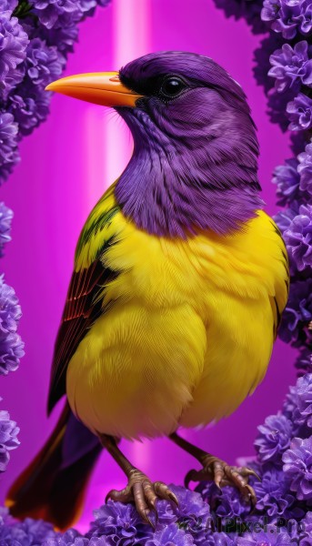 solo,standing,full body,flower,black eyes,no humans,bird,animal,purple background,realistic,purple flower,animal focus,purple theme,talons,beak,wisteria,looking at viewer,closed mouth,blurry,feathers