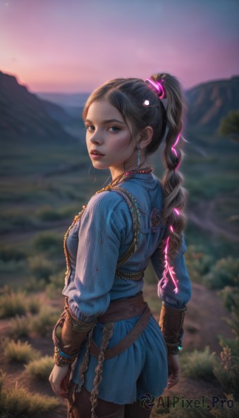 1girl,solo,long hair,breasts,looking at viewer,blue eyes,brown hair,shirt,black hair,hair ornament,long sleeves,jewelry,standing,ponytail,ass,braid,cowboy shot,earrings,outdoors,parted lips,belt,looking back,pants,signature,necklace,from behind,blurry,lips,makeup,blurry background,grass,blue shirt,nature,mountain,realistic,nose,arms at sides,gloves,artist name,bracelet,single braid,depth of field,chain,brown gloves,backlighting,sunset,braided ponytail