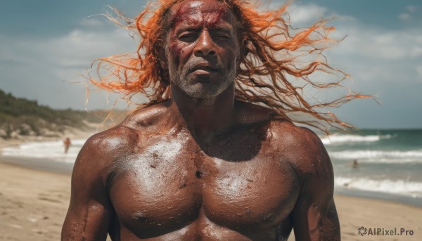 solo,1boy,nipples,upper body,male focus,outdoors,parted lips,sky,day,cloud,water,blurry,muscular,blurry background,ocean,beach,facing viewer,topless male,realistic,sand,closed mouth,closed eyes,nude,orange hair,tree,facial hair,pectorals,muscular male,beard,veins