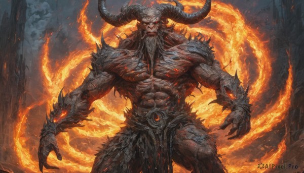 solo,looking at viewer,open mouth,red eyes,1boy,standing,male focus,outdoors,horns,sky,teeth,cloud,signature,armor,blood,muscular,glowing,facial hair,abs,cloudy sky,fire,pectorals,muscular male,demon horns,building,glowing eyes,pelvic curtain,beard,spikes,veins,topless male,skull,monster,loincloth,demon,embers,broken horn,molten rock,long hair,pointy ears,demon boy