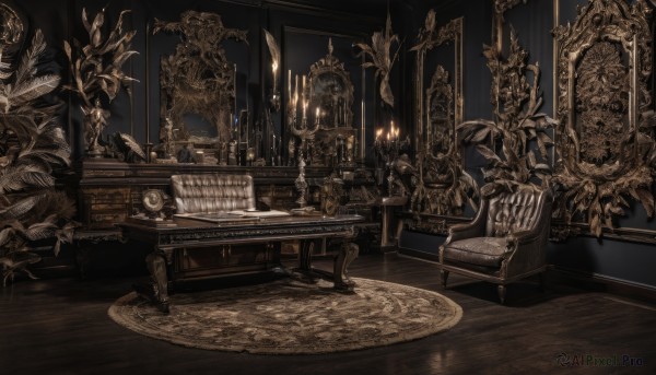 sitting,indoors,armor,no humans,chair,table,helmet,fire,plant,instrument,scenery,wooden floor,mirror,stairs,lamp,candle,stool,picture frame,statue,painting (object),piano,carpet,candlestand,rug,chandelier,fireplace,grand piano,candlelight,flower,book,clock,flame,still life