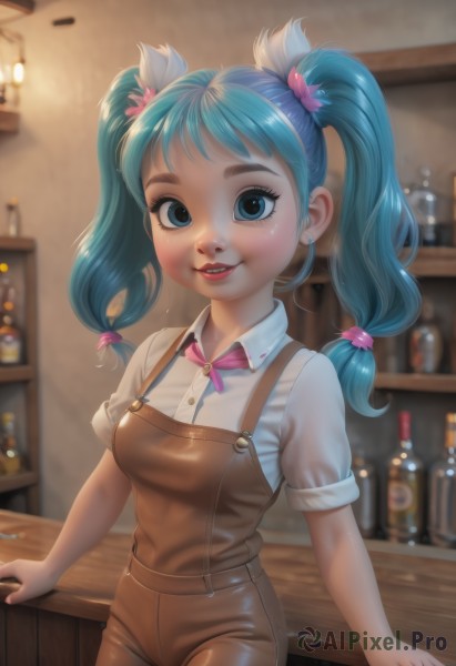 1girl,solo,long hair,breasts,looking at viewer,blush,smile,bangs,blue eyes,shirt,hair ornament,bow,twintails,jewelry,blue hair,standing,white shirt,short sleeves,cowboy shot,earrings,small breasts,parted lips,teeth,shiny,collared shirt,artist name,indoors,bowtie,blurry,lips,eyelashes,aqua hair,makeup,depth of field,blurry background,arm support,watermark,bottle,wing collar,lipstick,pink bow,web address,freckles,pink ribbon,realistic,red lips,stud earrings,overalls,pink bowtie,shelf,open mouth,ribbon,medium breasts,see-through,suspenders