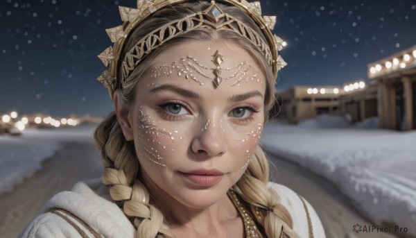 1girl,solo,long hair,looking at viewer,smile,blonde hair,jewelry,closed mouth,braid,outdoors,sky,necklace,blurry,twin braids,lips,grey eyes,night,depth of field,blurry background,tiara,gem,portrait,snow,freckles,circlet,snowing,realistic,nose,black eyes,eyelashes,night sky