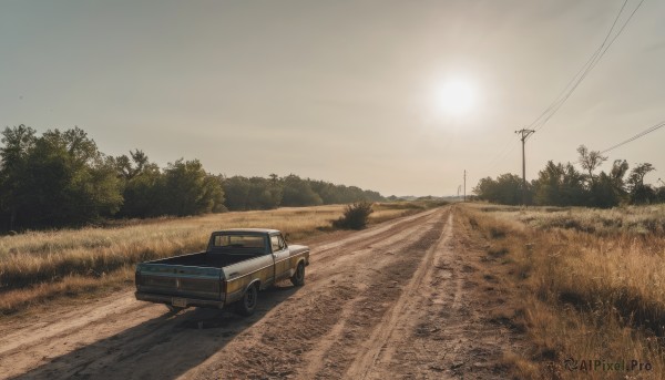 outdoors,sky,cloud,tree,no humans,grass,ground vehicle,nature,scenery,motor vehicle,forest,sunset,sun,car,road,vehicle focus,power lines,utility pole,realistic,bush,field,sports car