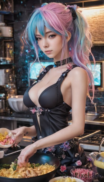 1girl,solo,long hair,breasts,looking at viewer,bangs,large breasts,hair ornament,dress,cleavage,bare shoulders,brown eyes,jewelry,medium breasts,blue hair,ponytail,pink hair,multicolored hair,earrings,food,sleeveless,choker,indoors,blurry,black dress,collar,two-tone hair,lips,grey eyes,sleeveless dress,ring,bowl,chopsticks,realistic,cooking,noodles,frying pan,closed mouth,artist name,watermark,black choker,scrunchie,web address,kitchen