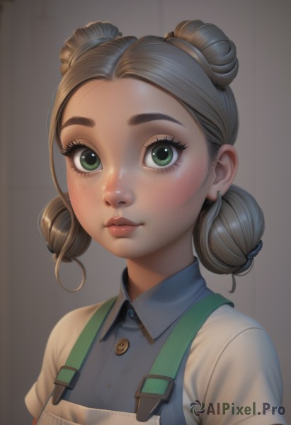 1girl,solo,looking at viewer,smile,short hair,simple background,brown hair,shirt,jewelry,closed mouth,green eyes,white shirt,upper body,short sleeves,grey hair,earrings,collared shirt,artist name,grey background,hair bun,lips,eyelashes,double bun,buttons,suspenders,wing collar,freckles,realistic,nose,female child,stud earrings,overalls,blush,bangs,thick eyebrows,blue shirt,portrait