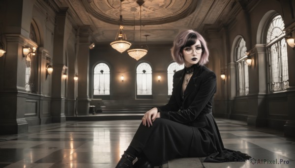 1girl,solo,looking at viewer,short hair,bangs,skirt,brown hair,shirt,black hair,long sleeves,dress,jewelry,sitting,closed mouth,jacket,pink hair,multicolored hair,boots,glasses,indoors,necklace,nail polish,black footwear,black eyes,black dress,two-tone hair,black jacket,window,makeup,formal,lipstick,black nails,reflection,black-framed eyewear,black coat,stairs,round eyewear,on floor,clock,tiles,leather,tile floor,gothic,church,black lips,reflective floor,brown eyes,parted lips,choker,pants,swept bangs,black pants,crossed legs,cross,red lips,cross necklace,hand on own knee,arch