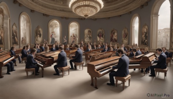 long hair,short hair,multiple girls,blonde hair,brown hair,black hair,long sleeves,dress,sitting,school uniform,jacket,multiple boys,shoes,pants,artist name,indoors,signature,black footwear,6+girls,chair,black pants,formal,table,suit,instrument,6+boys,music,playing instrument,statue,piano,fine art parody,church,trumpet,grand piano,male focus,book,window,scenery