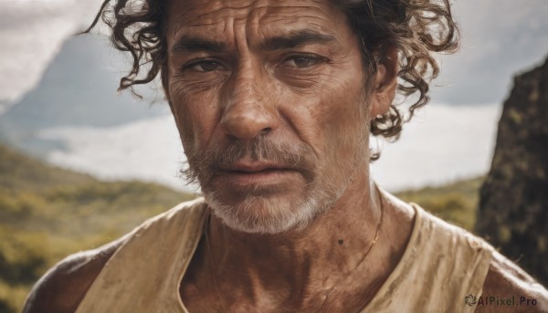 solo,looking at viewer,shirt,black hair,1boy,jewelry,closed mouth,upper body,male focus,outdoors,day,blurry,black eyes,blurry background,facial hair,tank top,messy hair,portrait,beard,mountain,realistic,mustache,old,brown hair,earrings,sky,necklace,mole,stubble,manly