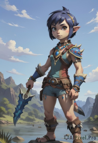 1girl,solo,looking at viewer,blush,short hair,black hair,1boy,holding,brown eyes,jewelry,closed mouth,blue hair,standing,full body,yellow eyes,weapon,male focus,hairband,earrings,outdoors,sky,shorts,sleeveless,choker,day,pointy ears,belt,sword,cloud,water,necklace,holding weapon,armor,flat chest,bracelet,blue sky,short shorts,holding sword,sandals,thick eyebrows,cloudy sky,knife,shoulder armor,pauldrons,mountain,fantasy,holding knife,dagger,tomboy,smile,tail,polearm,spear,rock,male child