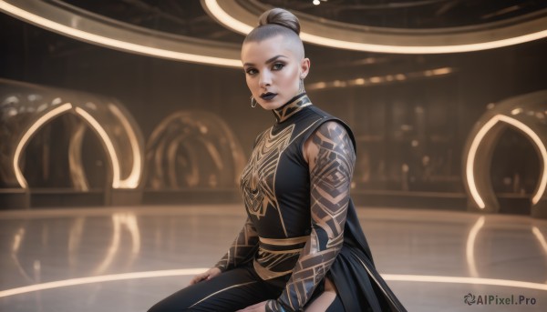 1girl,solo,looking at viewer,short hair,black hair,dress,jewelry,sitting,grey hair,earrings,sleeveless,pants,indoors,hair bun,black eyes,black dress,tattoo,makeup,chinese clothes,single hair bun,lipstick,hoop earrings,black lips,breasts,medium breasts,from side,sash,realistic,nose,arm tattoo,very short hair