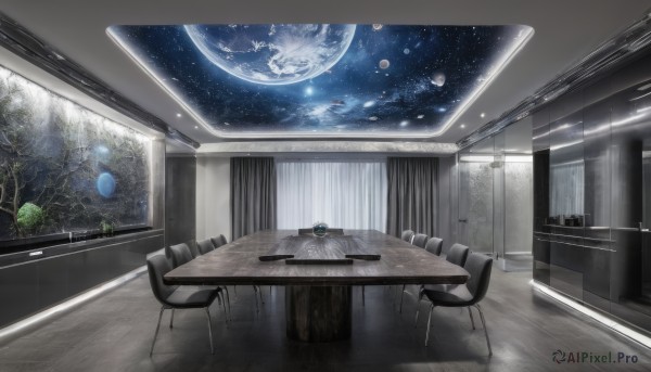 sky,cloud,indoors,tree,cup,no humans,window,bed,night,chair,moon,table,plant,curtains,star (sky),scenery,couch,plate,wooden floor,space,planet,earth (planet),science fiction,realistic,spacecraft,galaxy