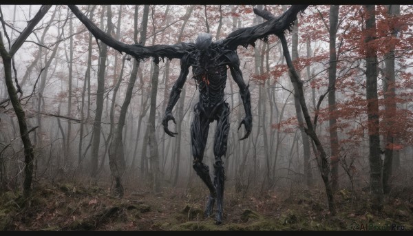 solo,standing,outdoors,wings,tree,no humans,glowing,leaf,robot,nature,scenery,claws,forest,walking,science fiction,monster,autumn leaves,fog,teeth,grass,letterboxed,alien,horror (theme)