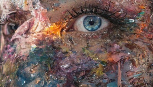 1girl,solo,looking at viewer,blue eyes,black hair,blurry,eyelashes,depth of field,close-up,1other,reflection,fish,eye focus,shards,short hair,bangs,traditional media