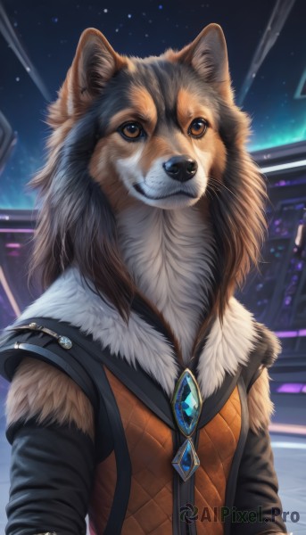 solo,looking at viewer,long sleeves,1boy,brown eyes,jewelry,jacket,upper body,male focus,outdoors,sky,artist name,signature,vest,no humans,night,animal,brooch,building,gem,star (sky),night sky,furry,starry sky,dog,realistic,animal focus,blue gemstone,fluffy,closed mouth,fur trim,watermark,science fiction,fur collar,green gemstone