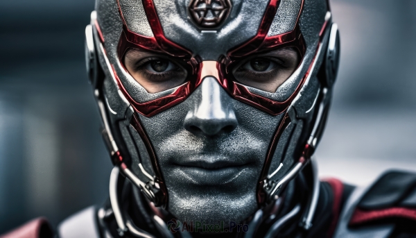 solo,looking at viewer,1boy,brown eyes,closed mouth,male focus,armor,blurry,black eyes,depth of field,blurry background,helmet,portrait,close-up,science fiction,realistic,pilot suit,straight-on,shiny,bodysuit,mask