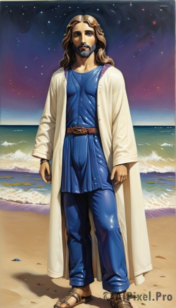 solo,long hair,looking at viewer,brown hair,1boy,brown eyes,jewelry,standing,full body,male focus,outdoors,sky,belt,water,night,facial hair,ocean,beach,sandals,star (sky),beard,starry sky,robe,realistic,mustache,sand,manly,animification,hair ornament,teeth,pants,bracelet,blue shirt,night sky,blue pants