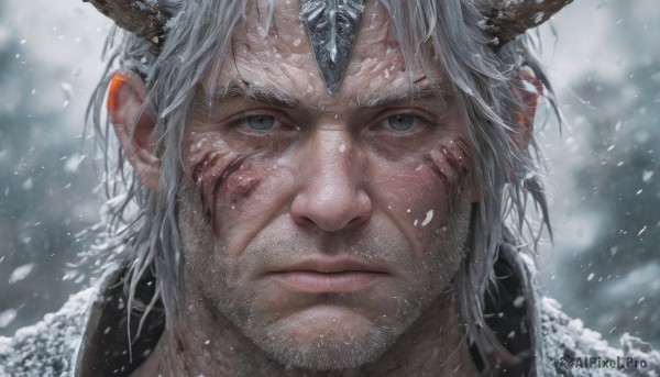 solo,looking at viewer,1boy,closed mouth,white hair,grey hair,male focus,outdoors,horns,blurry,lips,grey eyes,blurry background,facial hair,scar,portrait,beard,scar on face,single horn,snow,close-up,snowing,realistic,manly,green eyes,serious,scar across eye