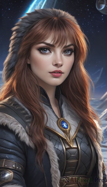 1girl,solo,long hair,looking at viewer,blue eyes,brown hair,hat,jewelry,upper body,parted lips,sky,lips,coat,fur trim,makeup,brooch,gem,star (sky),snow,starry sky,freckles,realistic,nose,red lips,space,planet,earth (planet),bangs,artist name,hood,armor,eyelashes,lipstick,hood up,chainmail