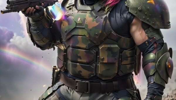 solo,shirt,gloves,1boy,holding,upper body,weapon,pink hair,male focus,outdoors,sky,black gloves,belt,pants,cloud,fingerless gloves,holding weapon,armor,gun,military,black shirt,muscular,blurry background,cloudy sky,pectorals,muscular male,shoulder armor,holding gun,bara,rifle,lens flare,handgun,assault rifle,camouflage,rainbow,biceps,elbow pads,1girl,scar,close-up,pauldrons,pouch,breastplate,head out of frame,trigger discipline,submachine gun,power armor