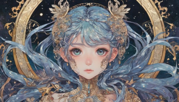 1girl,solo,long hair,looking at viewer,bangs,blue eyes,hair ornament,jewelry,blue hair,earrings,parted lips,aqua eyes,lips,eyelashes,floating hair,expressionless,gem,portrait,star (sky),straight-on,gold,flower,hair flower,crown,black background,freckles