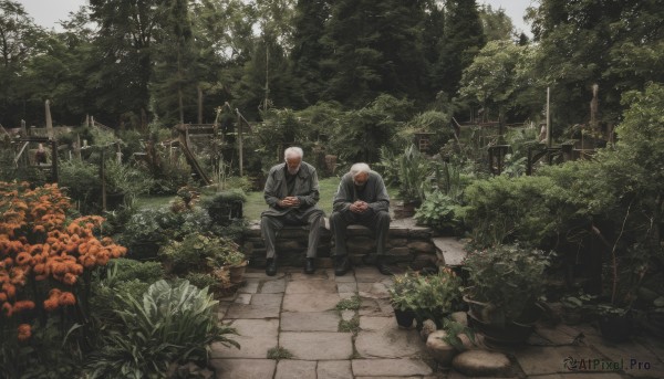 shirt,long sleeves,holding,sitting,jacket,flower,male focus,outdoors,multiple boys,shoes,day,pants,2boys,black footwear,tree,facial hair,black pants,grass,plant,nature,scenery,forest,fence,bush,ruins,old,old man,overgrown,garden,white hair,own hands together,grey jacket,bench,bald