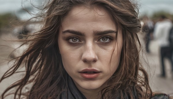 1girl,solo,long hair,looking at viewer,brown hair,brown eyes,outdoors,parted lips,solo focus,mole,blurry,lips,depth of field,blurry background,wind,messy hair,portrait,freckles,realistic,red lips,mole on cheek,teeth,floating hair,mole under mouth,close-up