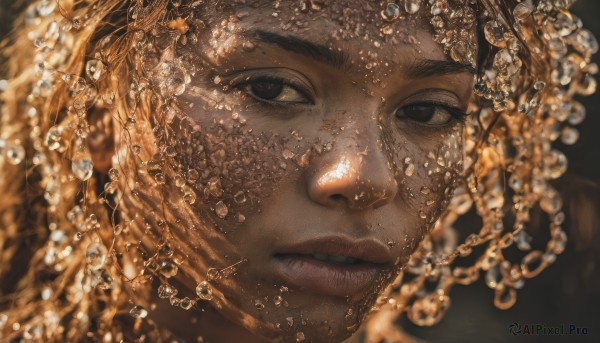 1girl,solo,looking at viewer,brown hair,black hair,1boy,male focus,parted lips,dark skin,water,blurry,black eyes,lips,depth of field,portrait,freckles,bubble,underwater,realistic,air bubble,brown eyes,shiny,facial hair,close-up,water drop,stubble,gold,orange theme