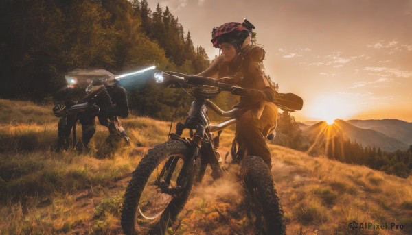 1girl,1boy,weapon,boots,outdoors,multiple boys,sky,cloud,tree,gun,helmet,grass,robot,ground vehicle,nature,scenery,motor vehicle,rifle,forest,science fiction,sunset,mountain,realistic,sun,riding,motorcycle,solo,assault rifle,soldier,dusk