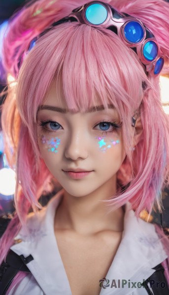 1girl,solo,long hair,looking at viewer,smile,bangs,blue eyes,shirt,jewelry,closed mouth,collarbone,pink hair,braid,hairband,earrings,star (symbol),blurry,lips,eyelashes,makeup,facial mark,goggles,portrait,realistic,nose,goggles on head