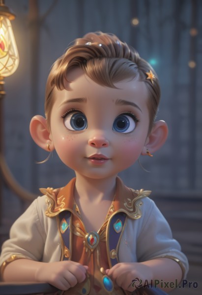 1girl,solo,looking at viewer,short hair,blue eyes,brown hair,hair ornament,dress,jewelry,upper body,earrings,parted lips,indoors,star (symbol),blurry,lips,eyelashes,blurry background,brooch,child,freckles,lantern,star hair ornament,female child,lamp,hairclip,artist name,nose