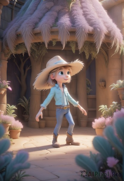 1girl,solo,smile,short hair,blue eyes,brown hair,shirt,long sleeves,hat,closed mouth,standing,full body,flower,boots,outdoors,collared shirt,belt,pants,blurry,depth of field,shadow,bird,brown footwear,feathers,looking up,blue shirt,plant,denim,child,walking,pocket,sun hat,jeans,straw hat,blue pants,potted plant,1boy,jacket,white shirt,male focus,signature,vest,blue jacket,blurry foreground,flower pot