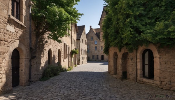 outdoors,sky,day,tree,blue sky,no humans,window,shadow,sunlight,plant,building,scenery,door,road,bush,shade,wall,house,path,arch,pavement,architecture,stone wall