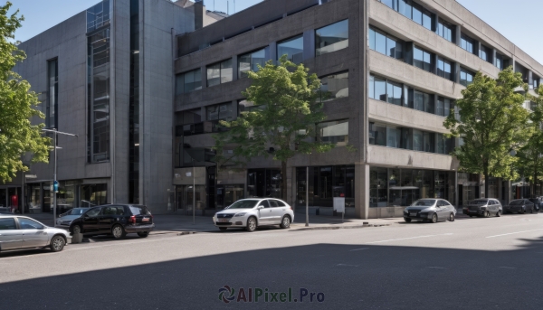 outdoors,sky,day,tree,blue sky,no humans,window,shadow,watermark,ground vehicle,building,scenery,motor vehicle,city,sign,car,road,vehicle focus,lamppost,street,road sign,traffic light,crosswalk,artist name,cityscape,real world location