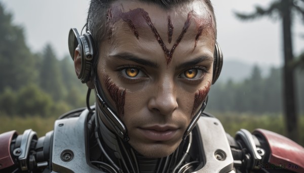 1girl,solo,looking at viewer,1boy,brown eyes,closed mouth,male focus,outdoors,dark skin,armor,blurry,tree,lips,orange eyes,blurry background,scar,portrait,headset,science fiction,realistic,very short hair,straight-on,cyborg,short hair,black hair,yellow eyes,bodysuit,headphones,facial mark,close-up,freckles,serious,cable,dirty